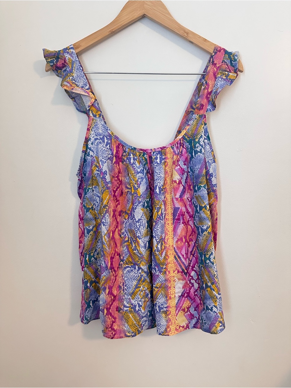 Savanna Jane Multicolor Snake Print Blouse - Flutter Ruffled Spaghetti Straps L